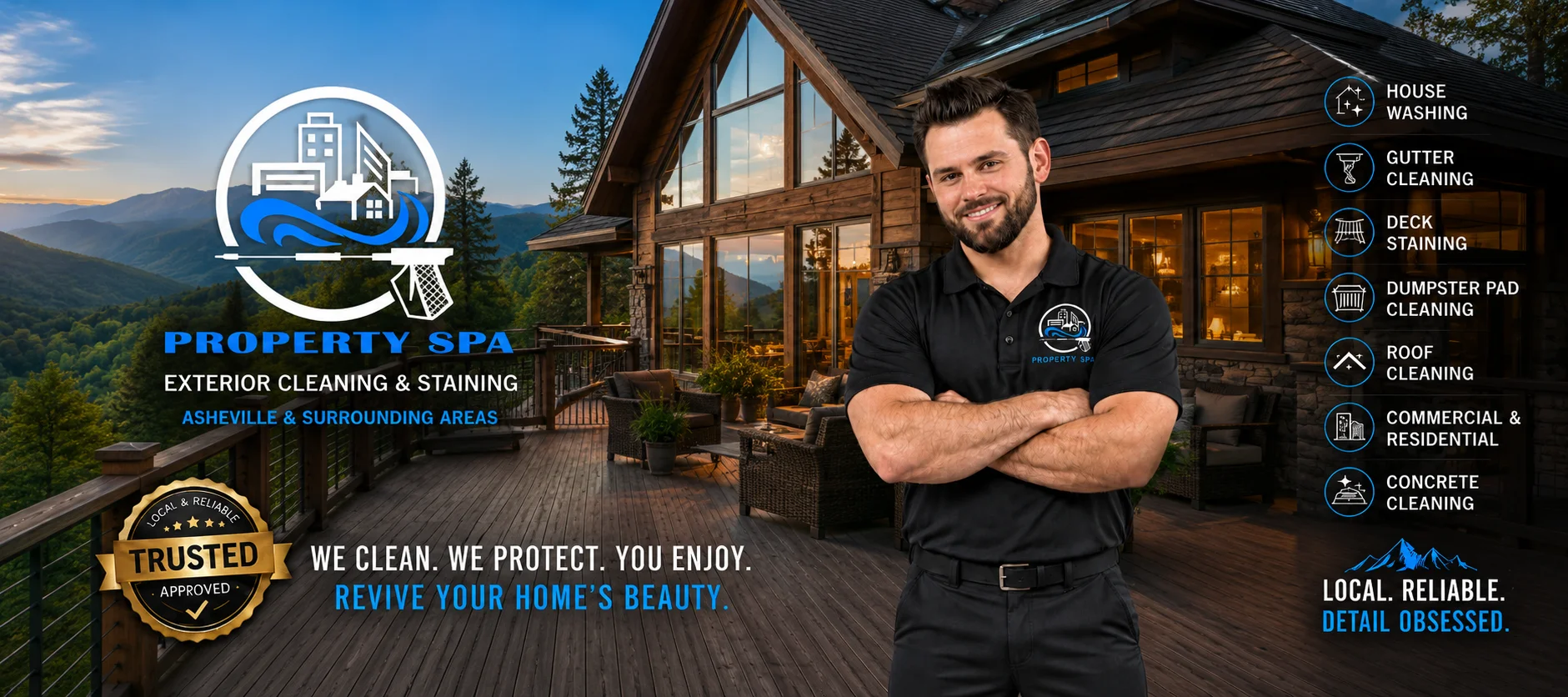 Property Spa exterior cleaning and staining hero image featuring Dan and service branding.