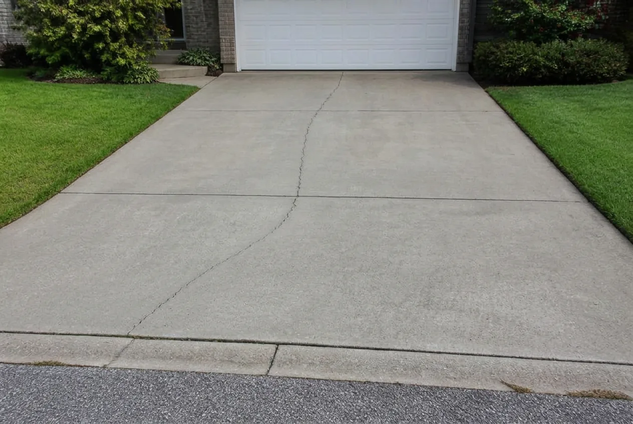 The same concrete driveway evenly cleaned to a natural gray after pressure washing