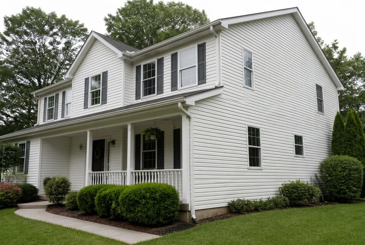 The same white two-story home with clean, bright siding after house washing
