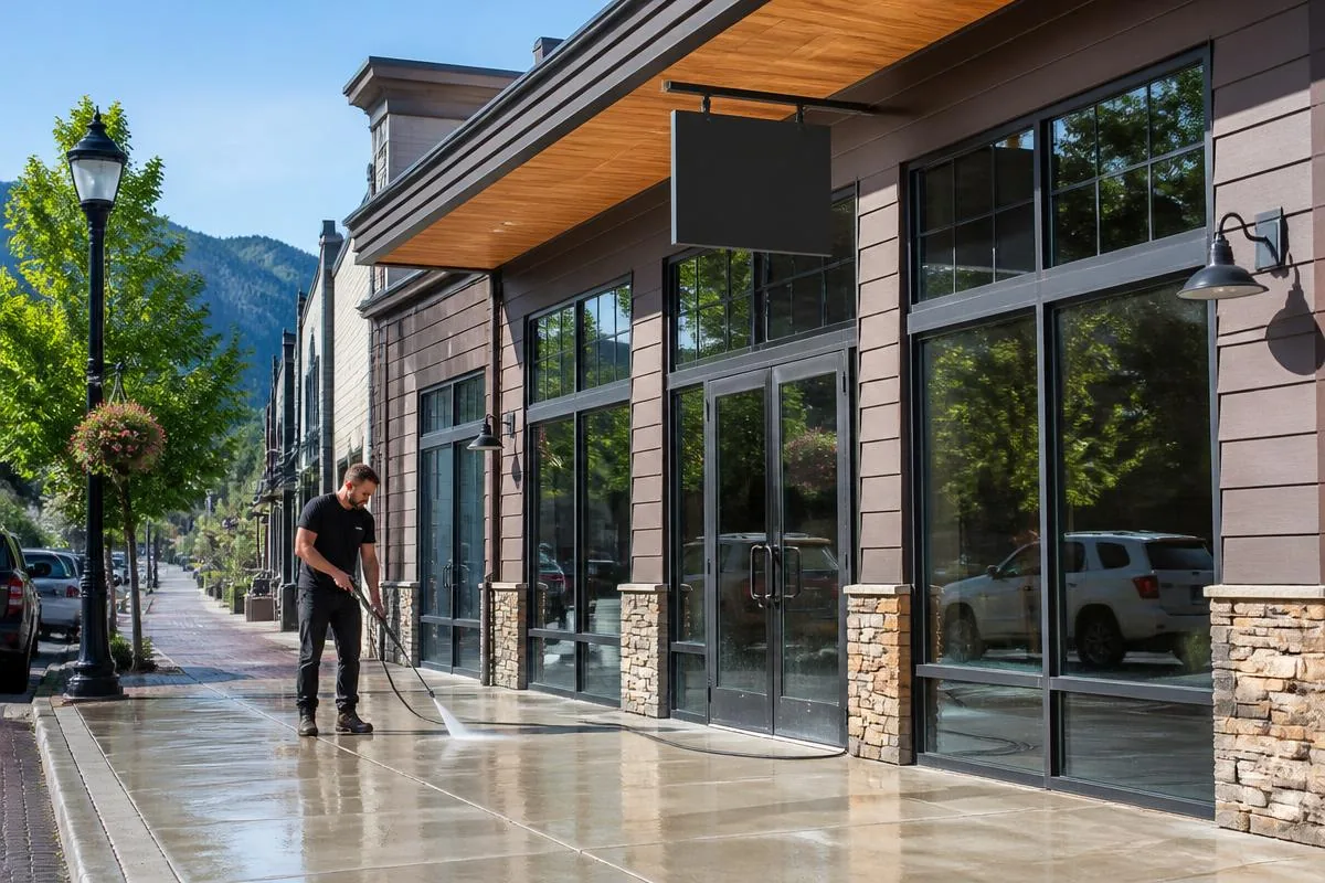 Worker pressure washing the sidewalk in front of a mountain-town storefront