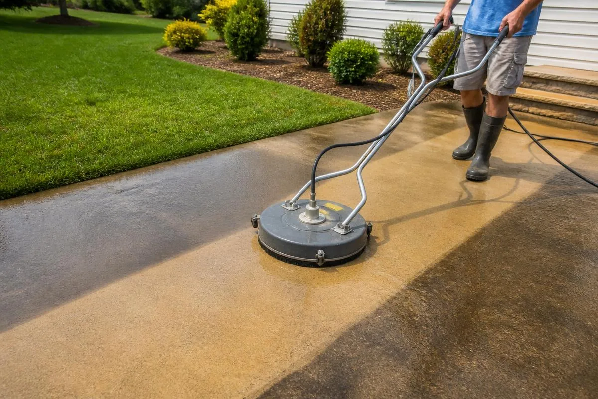 Surface cleaner attachment pressure washing a concrete patio, showing a clean stripe