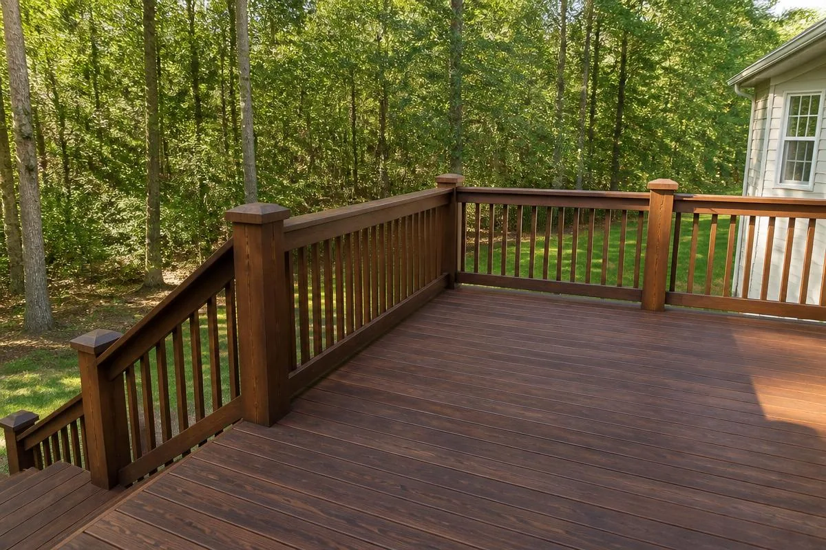 Wooden deck freshly stained in a satin dark walnut finish surrounded by North Carolina trees