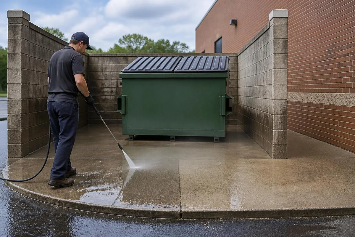 Commercial dumpster pad enclosure being pressure washed behind a brick building