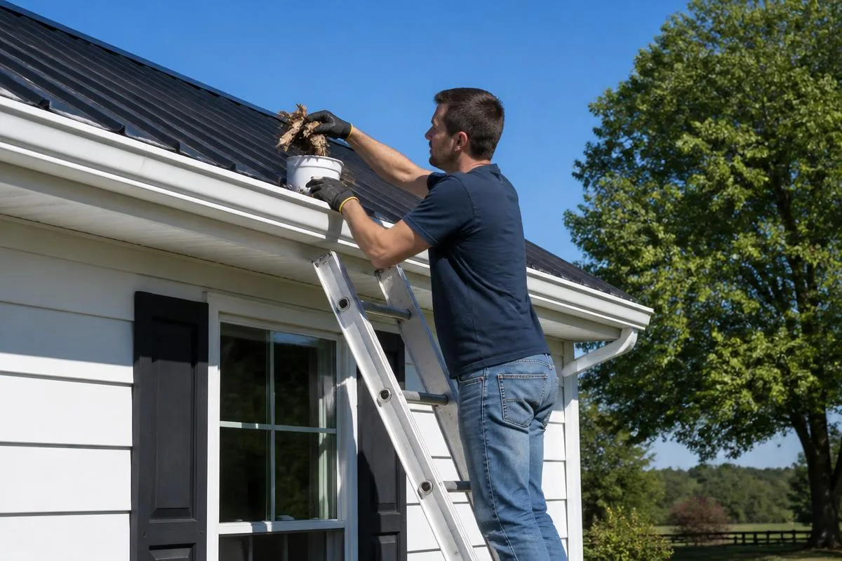 Technician safely removing leaves from a home's gutter from a properly footed ladder