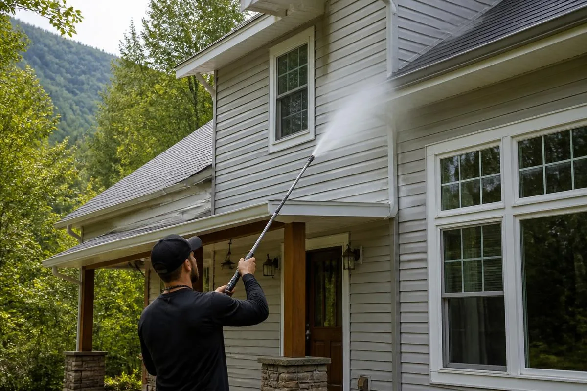 Property Spa technician soft washing the siding of a craftsman home near Asheville, NC